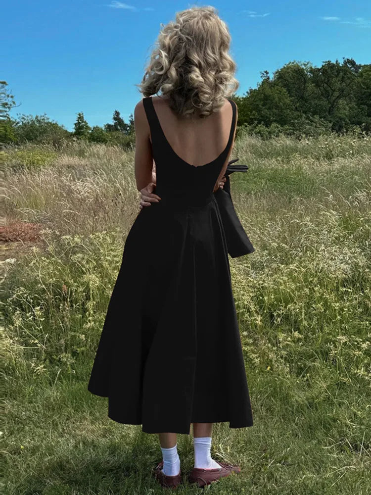 Backless A-line Maxi Dress For Women Fashion Solid O Neck Sleeveless Long Dress Ladies Gown High Waist Tank Dresses