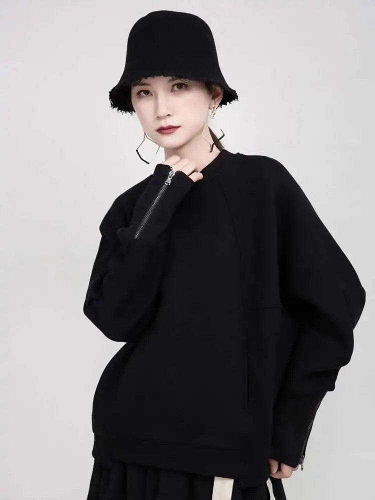 Loose Fit White Cuff Zipper Sweatshirt New Round Neck Long Sleeve Women Big Size Fashion Spring Autumn 2025 1DD5133