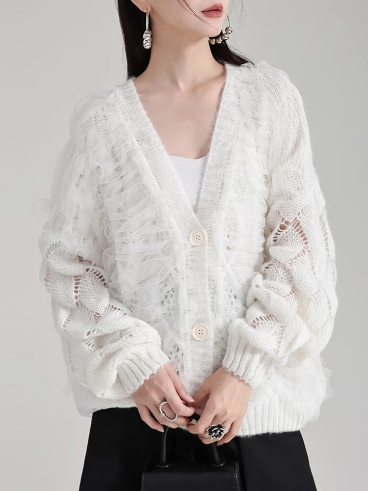 Solid Patchwork Mesh Temperament Knitting Sweaters For Women V Neck Long Sleev Spliced Button Sweater Female