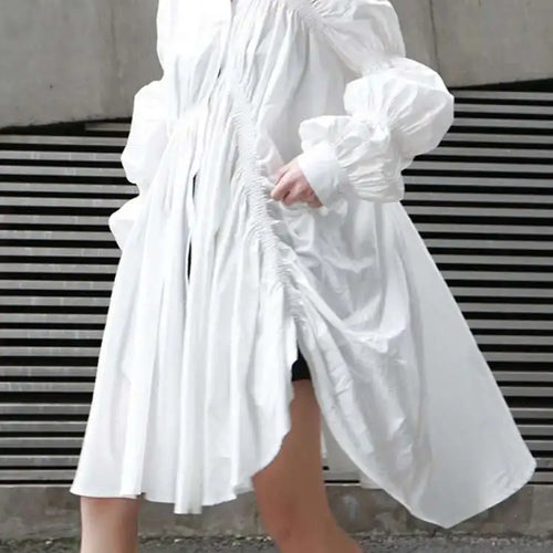 Load image into Gallery viewer, Women Blue Irregular Pleated Big Hem Shirt Dress New Stand Neck Long Sleeve Loose Fashion Tide Spring Autumn 2025 1DF9549
