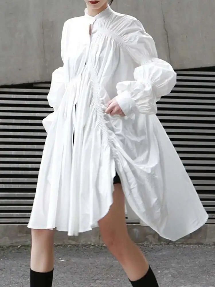 Women Blue Irregular Pleated Big Hem Shirt Dress New Stand Neck Long Sleeve Loose Fashion Tide Spring Autumn 2025 1DF9549