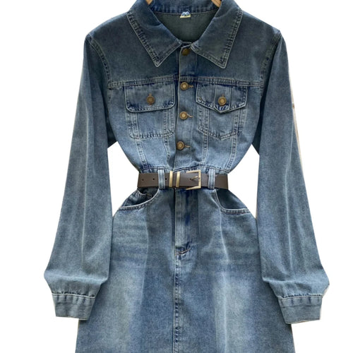 Load image into Gallery viewer, Autumn Retro Blue Long Sleeves Single Breasted Denim Mini Dress Korean Fashion Women Slim High Waist A-line Jeans Short Dresses
