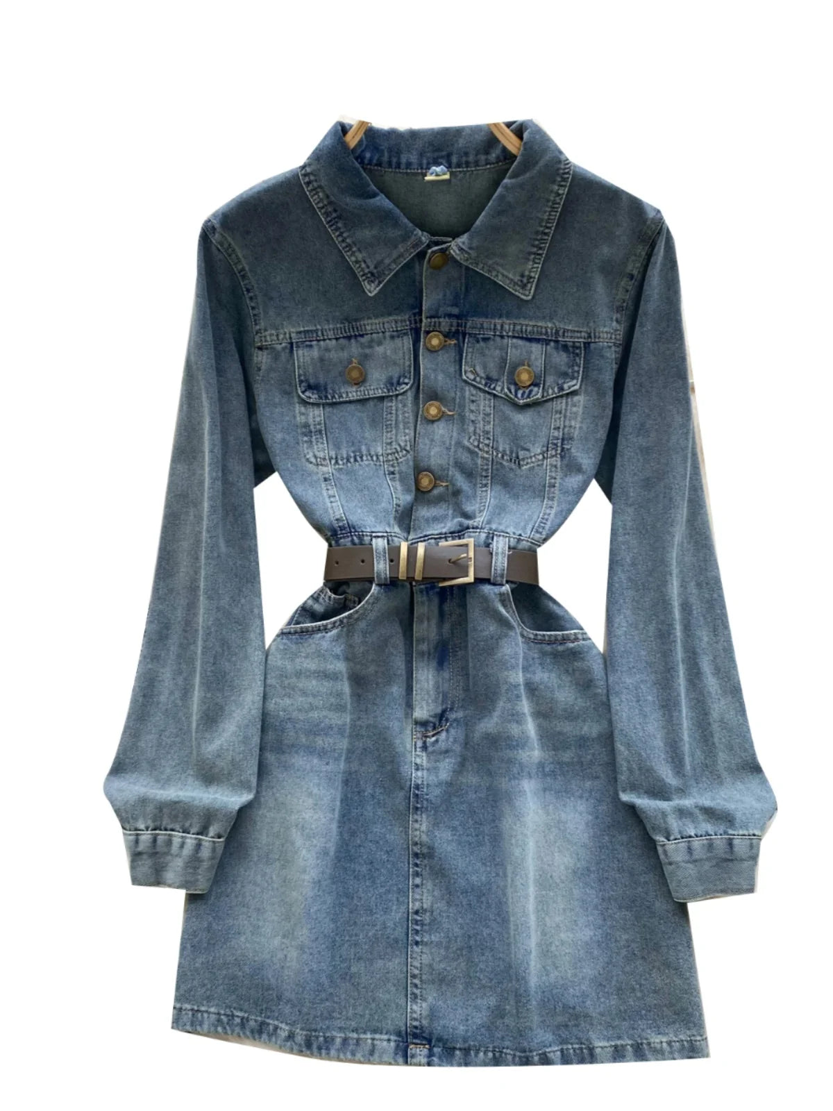 Autumn Retro Blue Long Sleeves Single Breasted Denim Mini Dress Korean Fashion Women Slim High Waist A-line Jeans Short Dresses