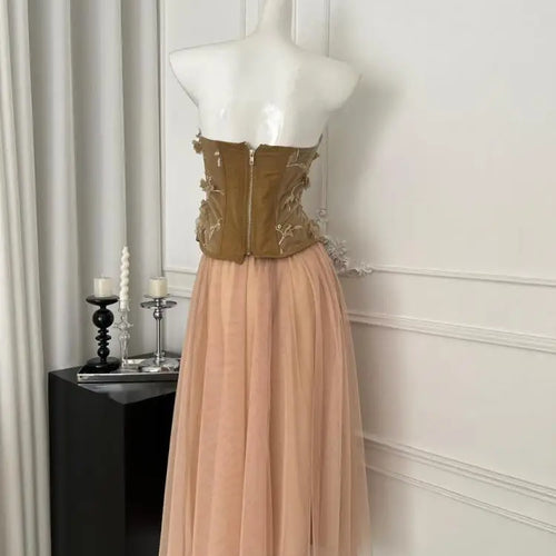 Load image into Gallery viewer, Summer French 2025 Women Purple Flower Embroidery Elegant Backless Strapless Tops And High Waist Mesh Long Skirt Two Piece Sets
