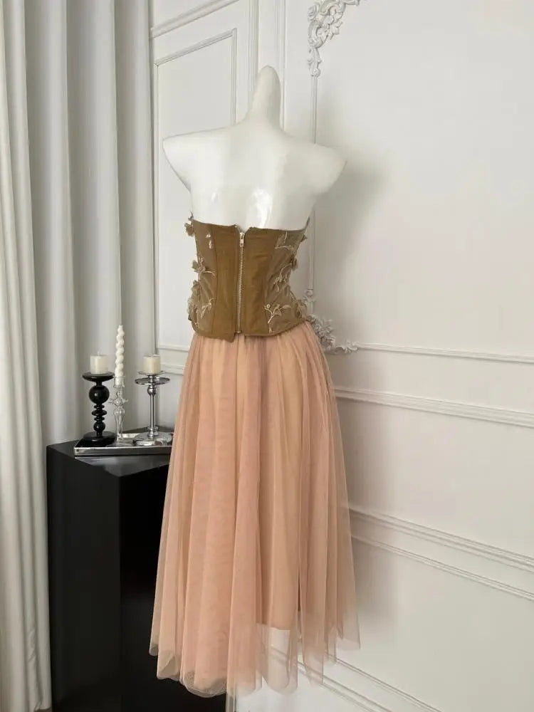 Summer French 2025 Women Purple Flower Embroidery Elegant Backless Strapless Tops And High Waist Mesh Long Skirt Two Piece Sets