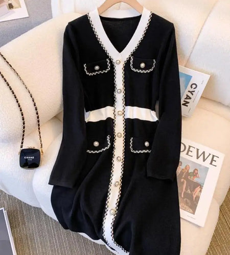 Autumn Winter Black White Patchwork Long Sleeves Knitted Dress French Women's Elegant Single Breasted Office Dress Fashion Trend