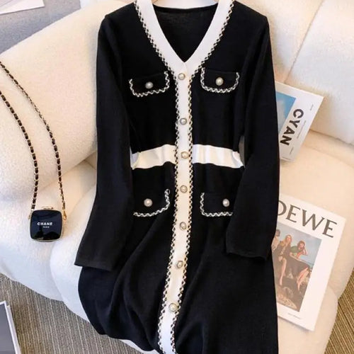 Load image into Gallery viewer, Autumn Winter Black White Patchwork Long Sleeves Knitted Dress French Women's Elegant Single Breasted Office Dress Fashion Trend
