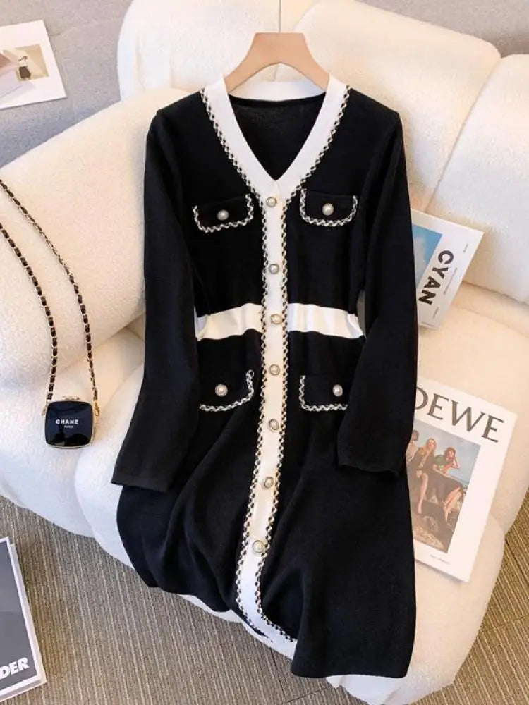 Autumn Winter Black White Patchwork Long Sleeves Knitted Dress French Women's Elegant Single Breasted Office Dress Fashion Trend