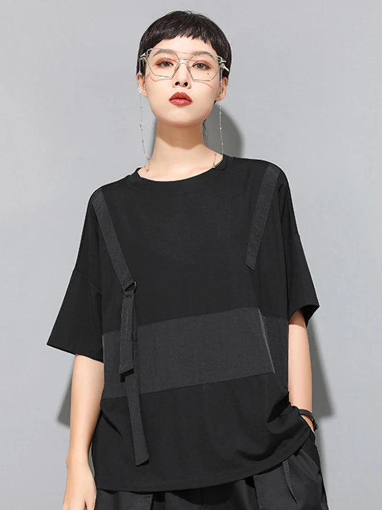 Women Black Contrast Color Split Big Size T-shirt New Round Neck Half Sleeve  Fashion Tide  Spring Summer 2025 1U136