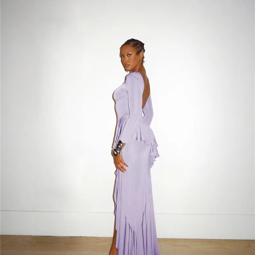 Load image into Gallery viewer, Backless Ruffled Sexy Maxi Dress For Women Gown Fashion O Neck Long Sleeve Thigh High Split Evening Long Dress Elegant
