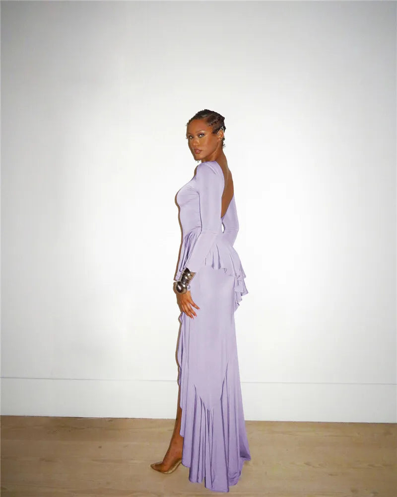 Backless Ruffled Sexy Maxi Dress For Women Gown Fashion O Neck Long Sleeve Thigh High Split Evening Long Dress Elegant