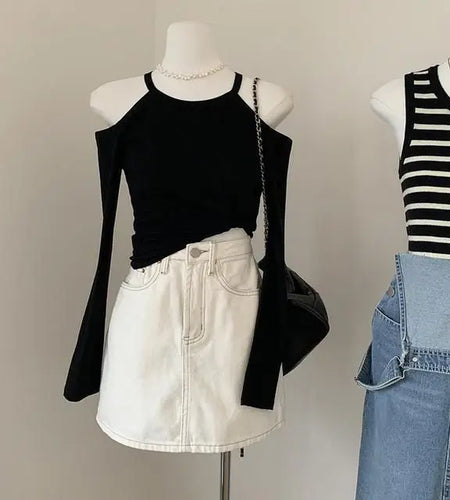 Striped Off Shoulder Woman Tshirts Y2k Tops 2024 Ropa Mujer Fashion Tunic Long Sleeve -o-neck Summer Tees Casual Korean T Shirt