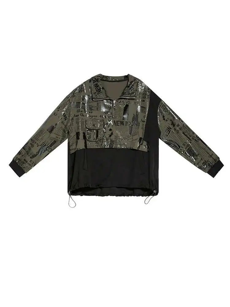 Loose Fit Printed Spliced Sweatshirt New Stand Collar Long Sleeve Women Big Size Fashion Tide Spring Autumn 2025 1DF1320