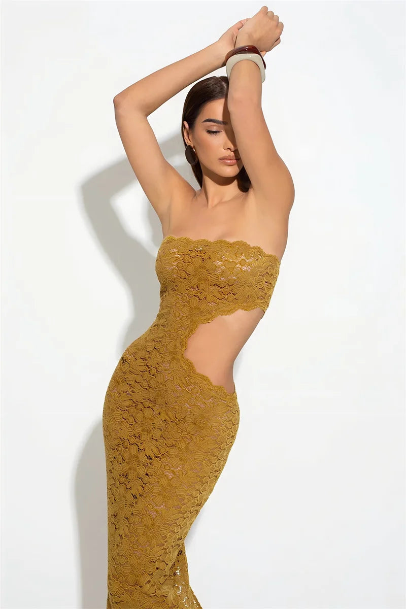 Off-shoulder Backless Sexy Maxi Dress Women Lace Strapless Sleeveless Hollow Out Skinny Club Party Long Dress Elegant