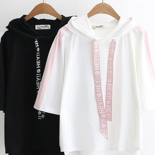 Load image into Gallery viewer, T shirt women black hooded t-shirt harajuku casual drawstring solid short sleeve cotton top streetwear bbf tshirts
