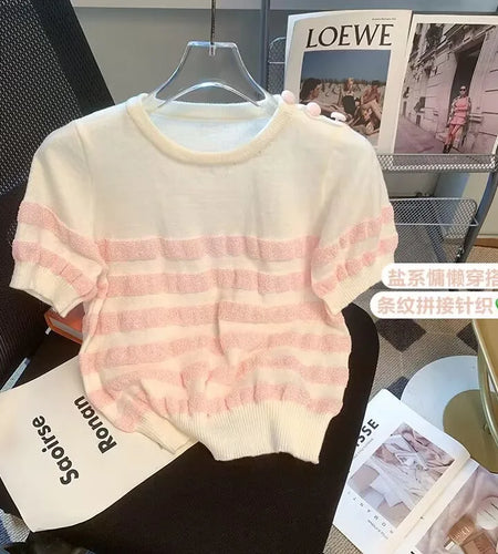Vintage Sweet Stripe Patchwork Knitted T-shirt Women's Summer Fashion All-matched O- Neck Short Sleeve Slim Tops Popular Fashion