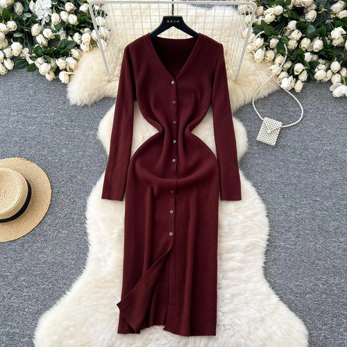 Load image into Gallery viewer, Korean Women Solid V-neck Single Breasted Festival Dresses Autumn Winter Slim Long Sleeve Office Knitted Dress Ladies Simplicity
