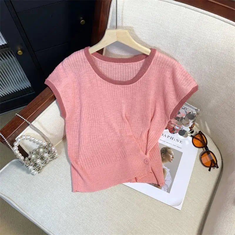 Women Summer Round Neck Patchwork Short Sleeves Knit T-shirt Fashion Festival Casual Ladies Street Button Design Top Popular New