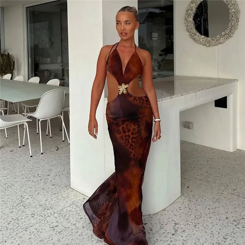 Load image into Gallery viewer, Halter Deep V Neck Print Sexy Maxi Dress For Women Gown Summer New Hollow Out Sleeveless Backless Beach Long Dress
