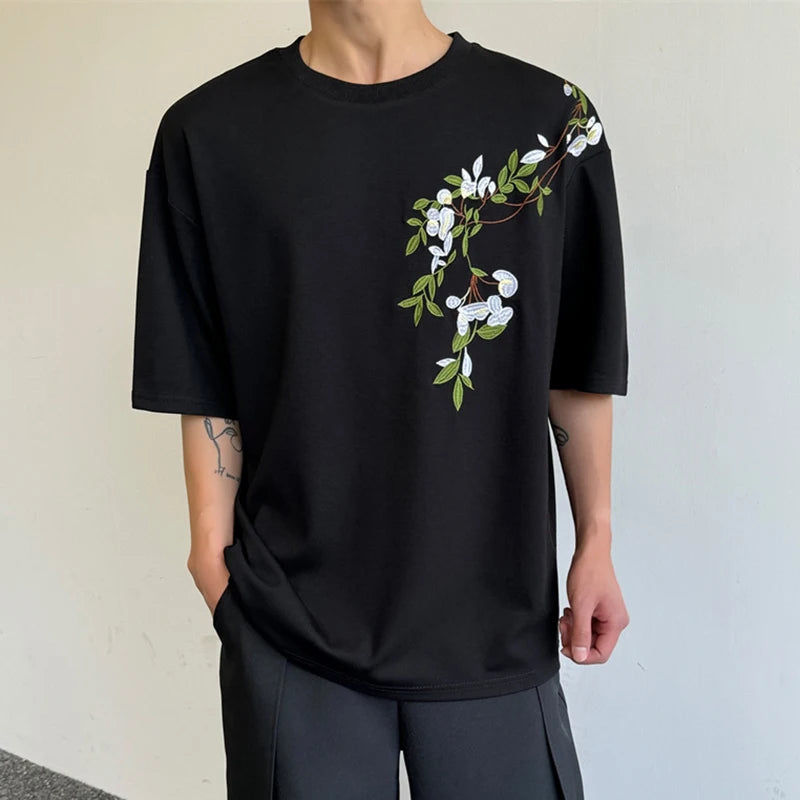 Men's Chinese Style Embroidered Short Sleeved 2024 Male Summer Round Neck Embroidered Loose Top Casual T-shirt 9C5547