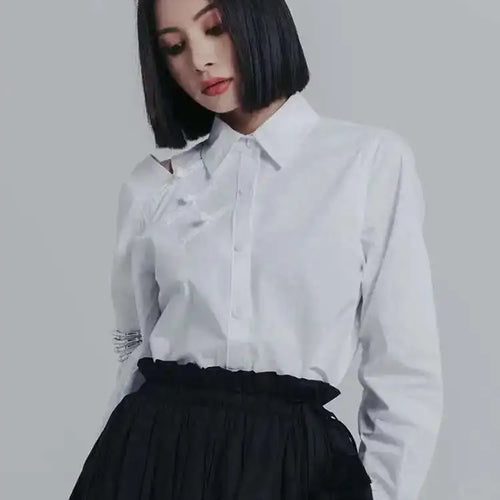 Load image into Gallery viewer, Women Off Shoulder Buckle Big Size Blouse New Lapel Long Sleeve Loose Fit Shirt Fashion Tide Spring Autumn 2025 1DE6580
