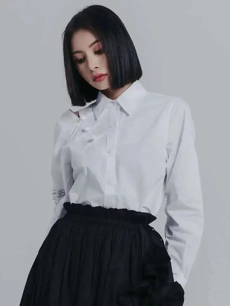 Women Off Shoulder Buckle Big Size Blouse New Lapel Long Sleeve Loose Fit Shirt Fashion Tide Spring Autumn 2025 1DE6580