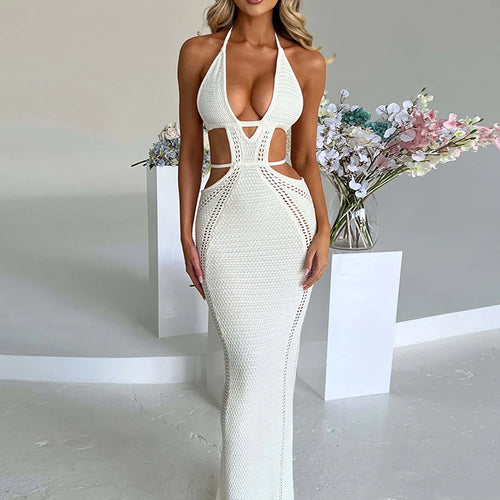 Load image into Gallery viewer, Crochet Halter Sleeveless Backless Solid Hollow Out Bandage Sexy Slim Maxi Prom Dress 2022 Winter Festival Party Outfit
