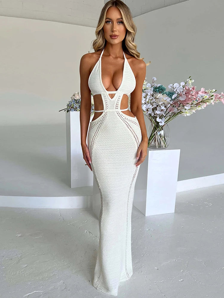 Crochet Halter Sleeveless Backless Solid Hollow Out Bandage Sexy Slim Maxi Prom Dress 2022 Winter Festival Party Outfit