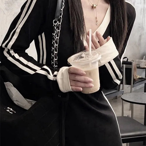 Load image into Gallery viewer, Korean Style Oversize Striped Long Dress Women Kpop Casual Design Sport School Maxi Dresses V-neck Autumn
