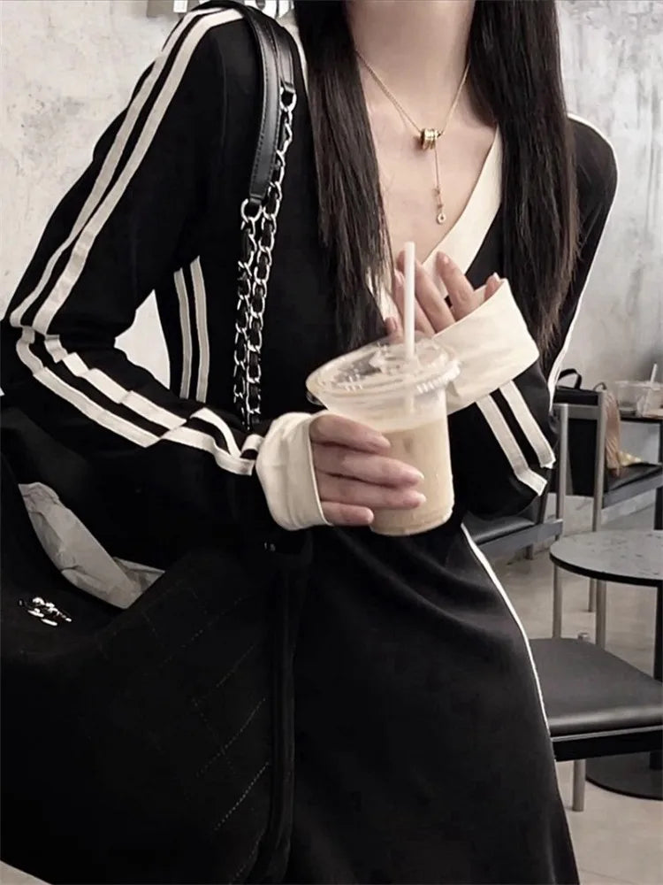 Korean Style Oversize Striped Long Dress Women Kpop Casual Design Sport School Maxi Dresses V-neck Autumn