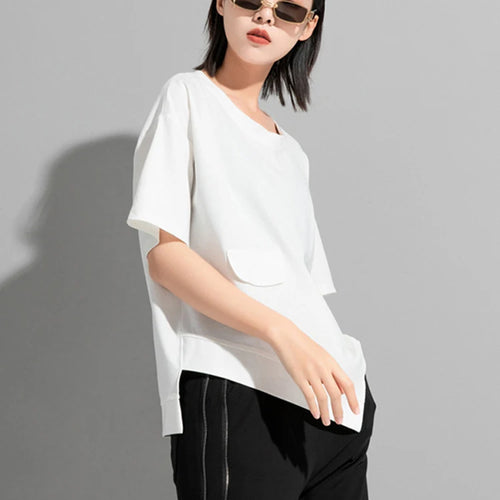 Load image into Gallery viewer, Women Black Zipper Irregular Big Size Casual T-shirt New Round Neck Shoort Sleeve Fashion Tide Spring Summer 2025 1DJ1827
