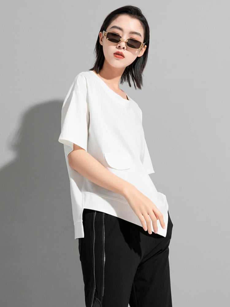 Women Black Zipper Irregular Big Size Casual T-shirt New Round Neck Shoort Sleeve Fashion Tide Spring Summer 2025 1DJ1827