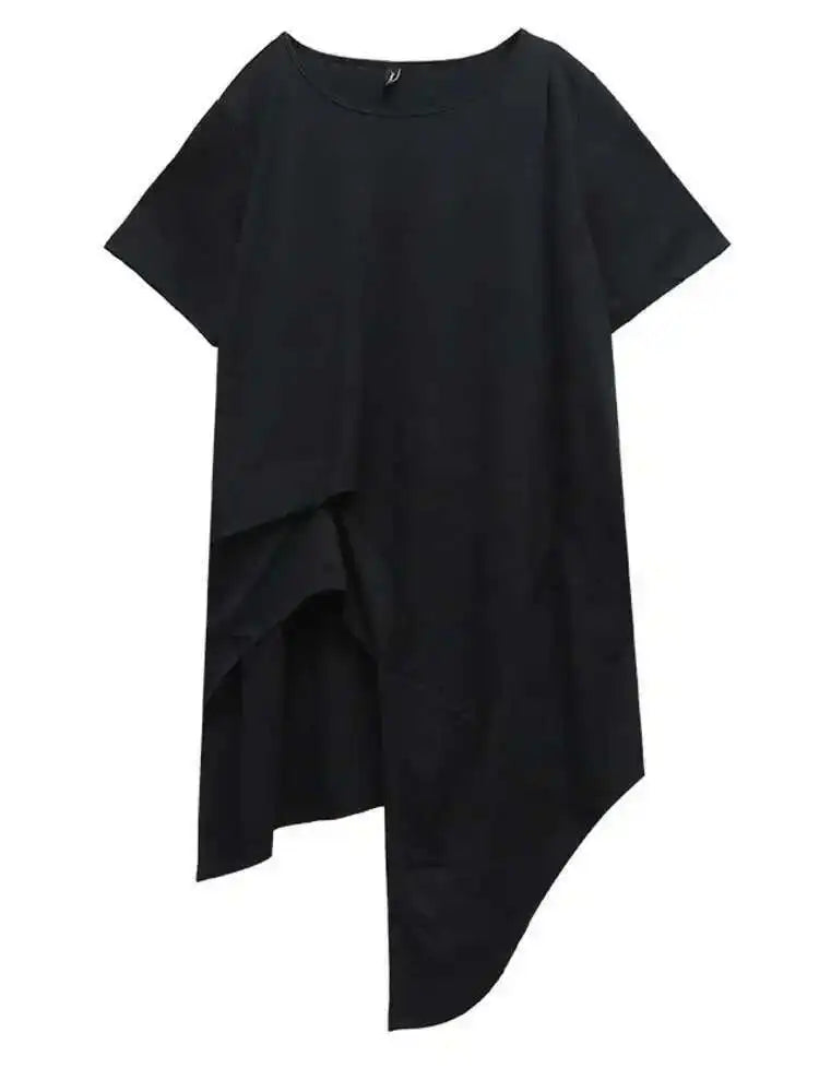 Women Black Asymmetric Hem Casual Big Size T-shirt New Round Neck Short Sleeve Fashion Tide Spring Summer 2025 1DF4786