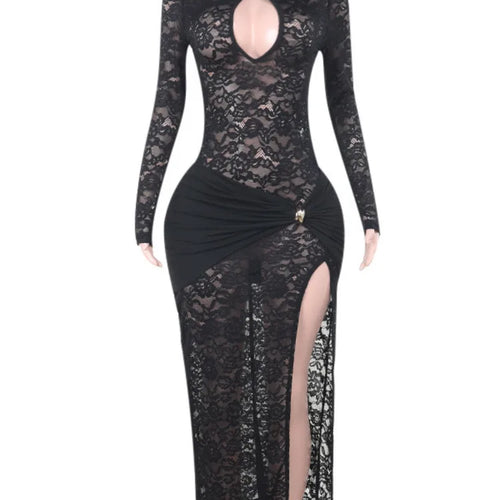 Load image into Gallery viewer, Lace Hollow Out Sexy Maxi Dress For Women Fashion Long Sleeve Thigh High Split Bodycon Club Evening Long Dress Elegant
