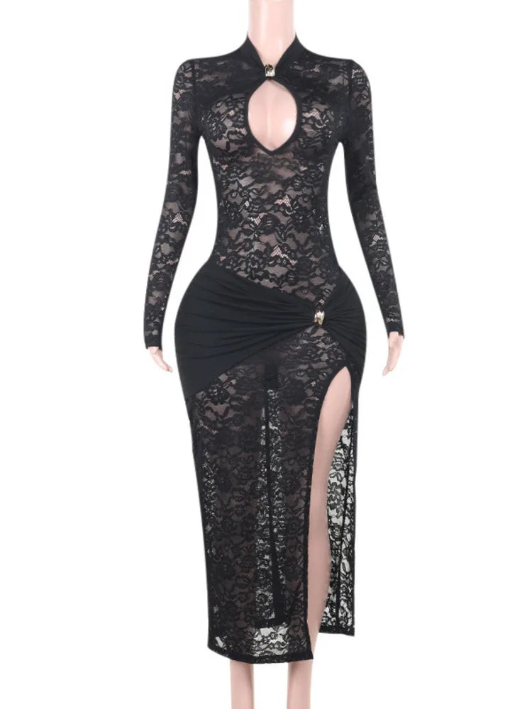 Lace Hollow Out Sexy Maxi Dress For Women Fashion Long Sleeve Thigh High Split Bodycon Club Evening Long Dress Elegant