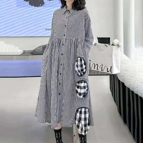 Load image into Gallery viewer, Women Black Plaid Pocket Vintage Big Size Midi Shirt Dress New Lapel Long Sleeve Fashion Tide Spring Autumn 2025 1DH6567
