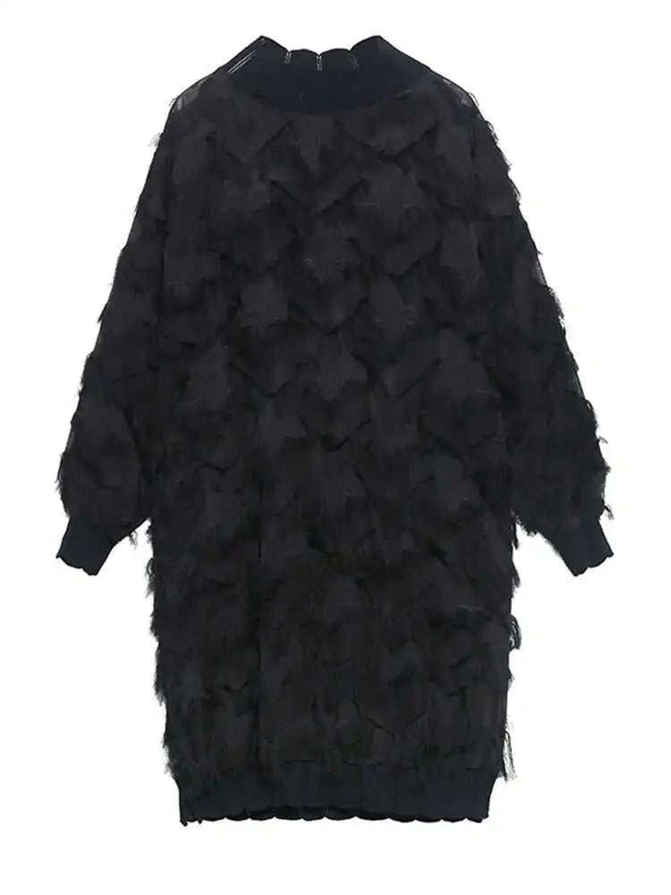 Women Black Tassels Perspective Big Size Knee-Length Dress New Turtleneck Long Sleeve Fashion Spring Autumn 2025 1DH8741