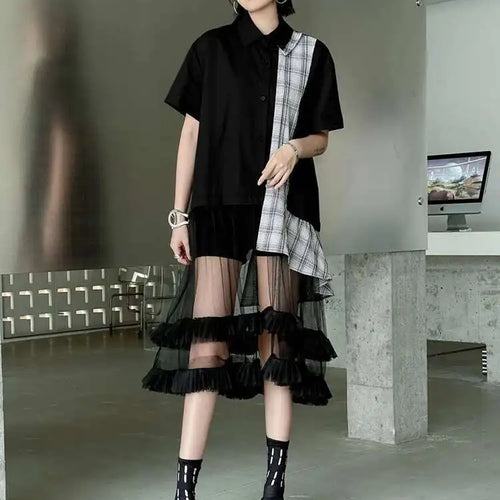 Load image into Gallery viewer, Women Black Plaid Mesh Spliced Big Size Midi Shirt Dress New Lapel Short Sleeve Fashion Tide Spring Summer 2025 1DJ0635
