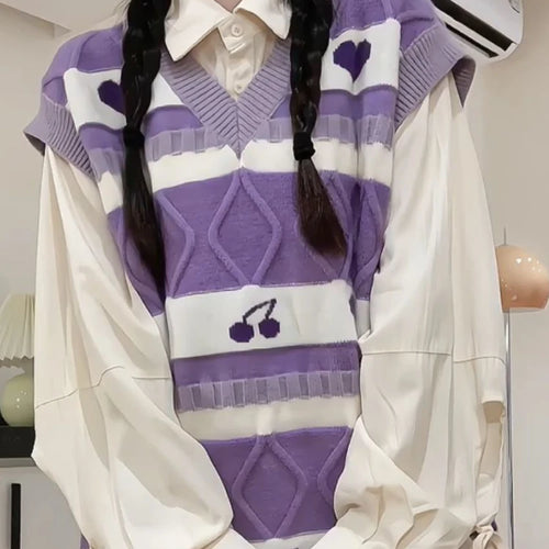 Load image into Gallery viewer, Cartoon Print Sweater Vest Women Kawaii Love Waistcoat Streetwear Knitted Fashion College All-match Harajuku Y2k Vests Chandails
