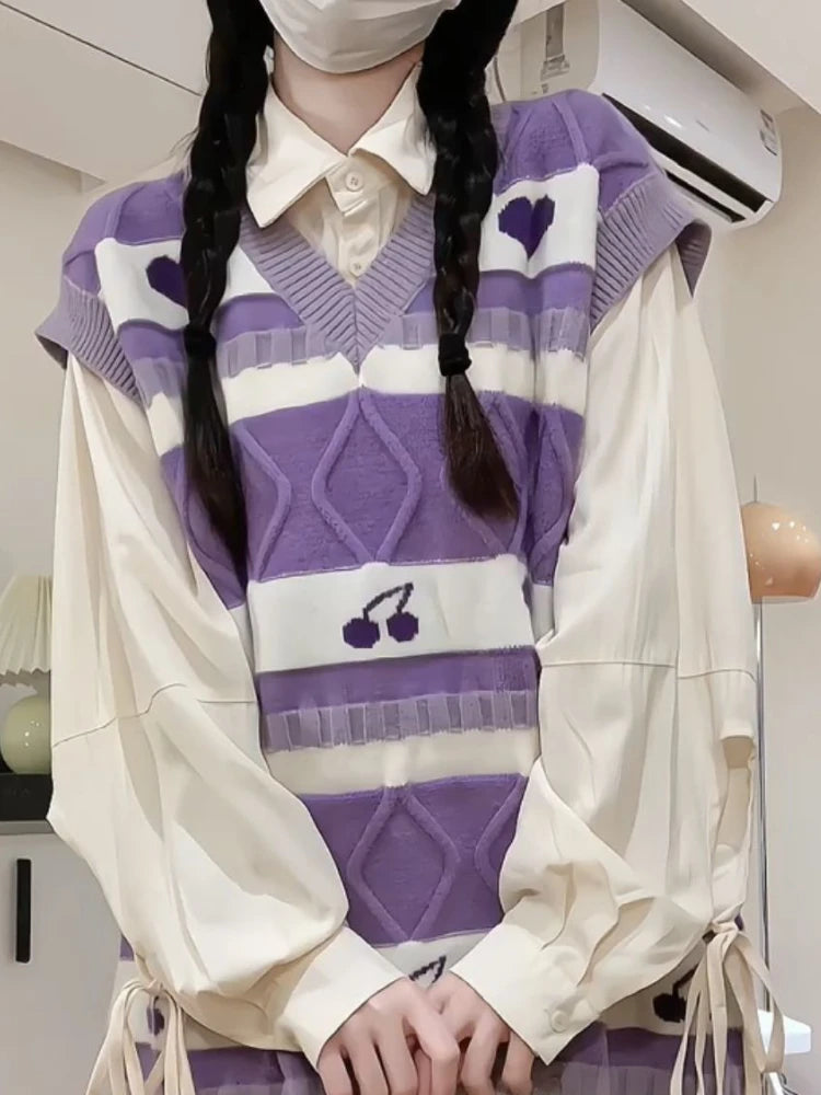 Cartoon Print Sweater Vest Women Kawaii Love Waistcoat Streetwear Knitted Fashion College All-match Harajuku Y2k Vests Chandails