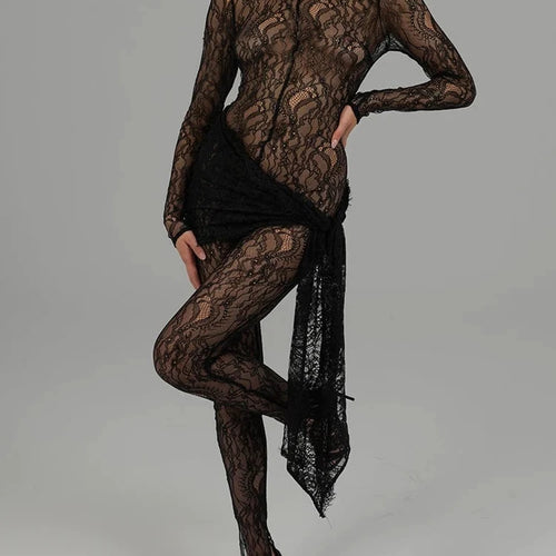 Load image into Gallery viewer, Sexy Lace Long Sleeve Lace Up Jumpsuit Women Transparent Slim Fit Ribbon Jumpsuit Female Nightclub Party Clothing Autumn
