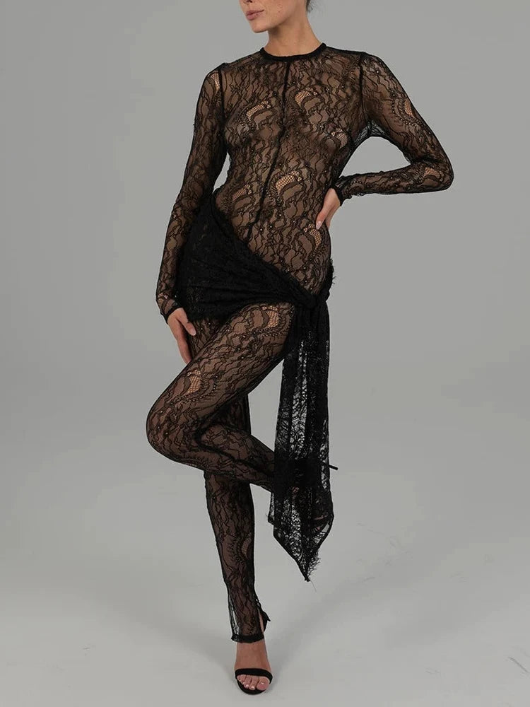 Sexy Lace Long Sleeve Lace Up Jumpsuit Women Transparent Slim Fit Ribbon Jumpsuit Female Nightclub Party Clothing Autumn