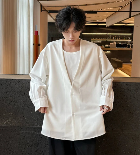 Men's Shirts New Fake Two Piece Design Shirt Long Sleeve Solid Color Single Breasted Male Loose Clothing Spring 9W1752