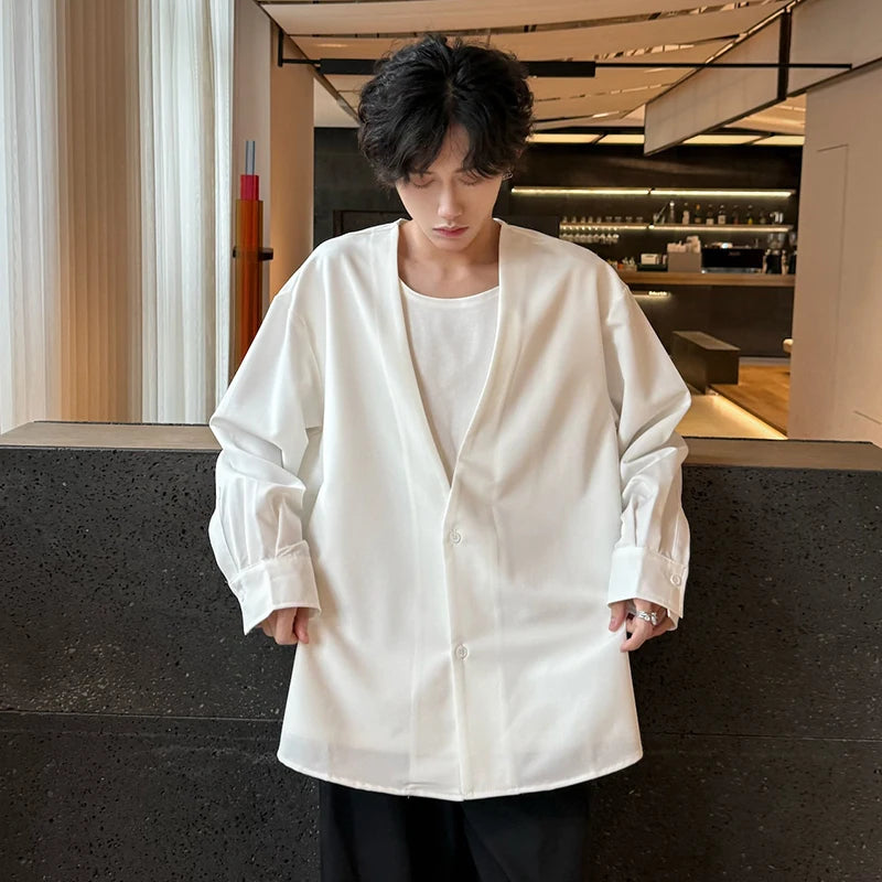 Men's Shirts New Fake Two Piece Design Shirt Long Sleeve Solid Color Single Breasted Male Loose Clothing Spring 9W1752