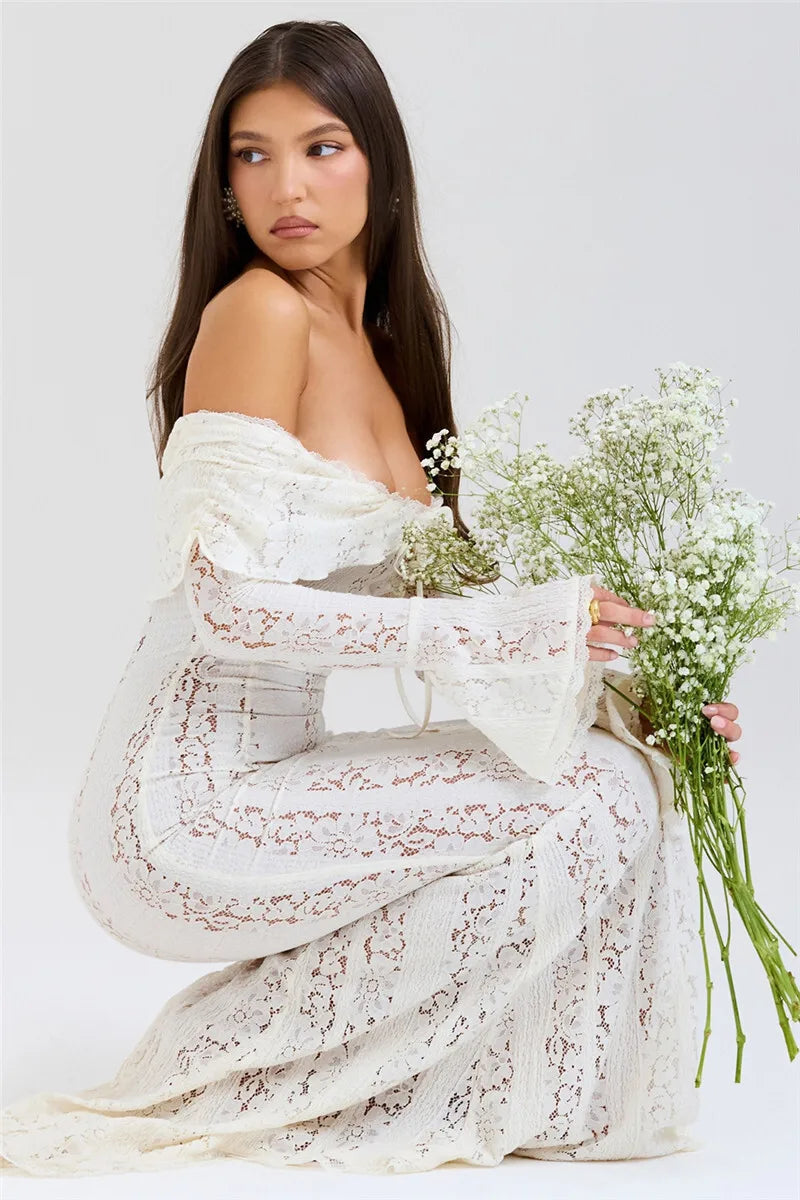 Floral Lace Off-shoulder Maxi Dress For Women White Strapless Backless Long Sleeve Bodycon Club Party Sexy Long Dress