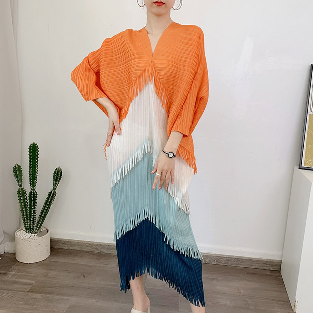 Irregular Loose Hit Color Dresses For Women V Neck Batwing Sleeve High Waist Temperament Dress Female Fashion