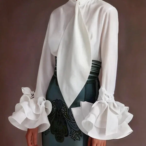 Load image into Gallery viewer, Summer Spring Flared Sleeves Urban Elegant Woman White Blouses Tops New Trendy Simple Long Sleeve Shirts for Women
