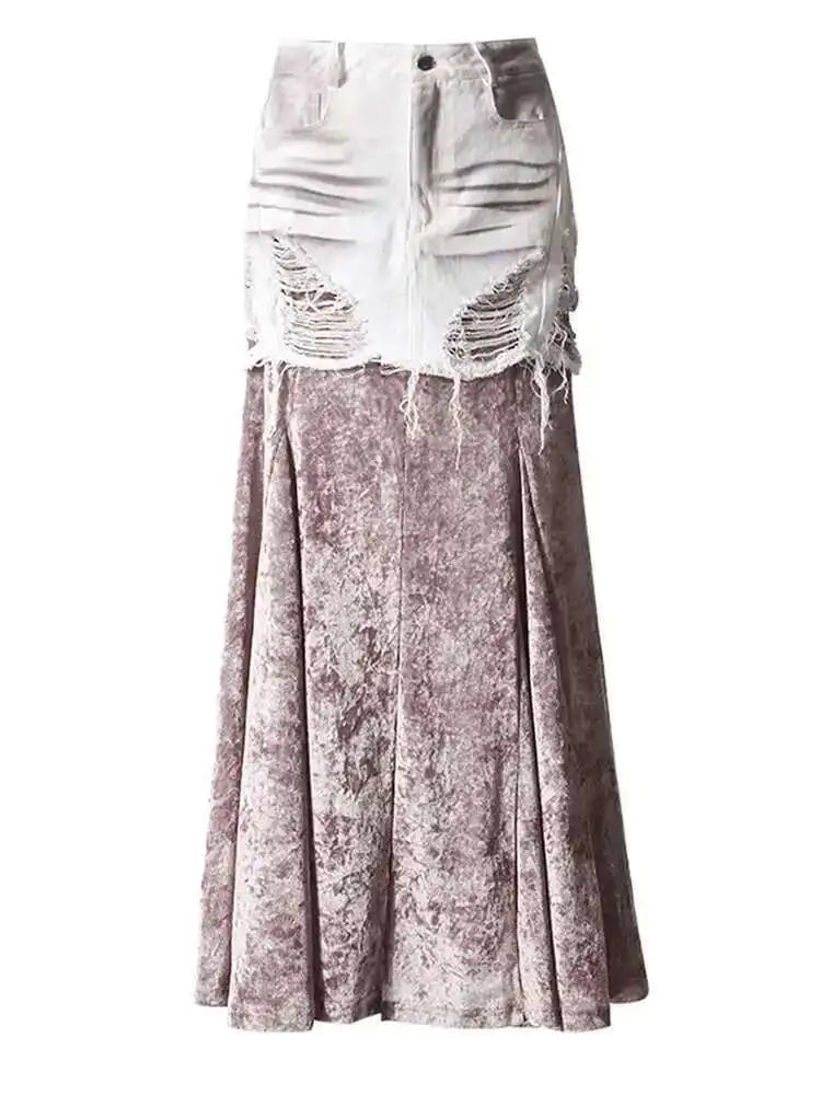 Velvet Denim T-shirt Half-body Skirt Two Pieces Suit New Slash Neck Long Sleeve Women Fashion Spring Autumn 2025 7AB6039