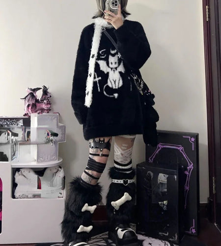 Harajuku Gothic Casual Oversized Knitted Jumpers Grunge Cartoon Sweater Fashion Knitwear Y2k Aesthetic Balack Loose Pullover