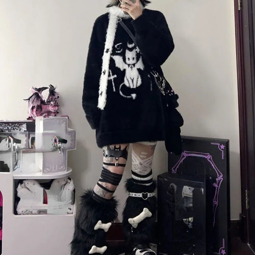 Load image into Gallery viewer, Harajuku Gothic Casual Oversized Knitted Jumpers Grunge Cartoon Sweater Fashion Knitwear Y2k Aesthetic Balack Loose Pullover

